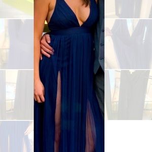 Blue tulle pleated formal dress